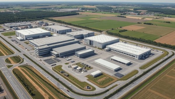 Aerial view of industrial facility highlighting expansion, Raytheon Missile Facility.