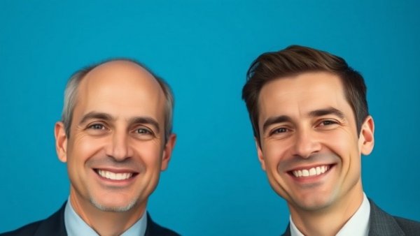 Two businessmen smiling, Matson Leadership Transition, plain background.