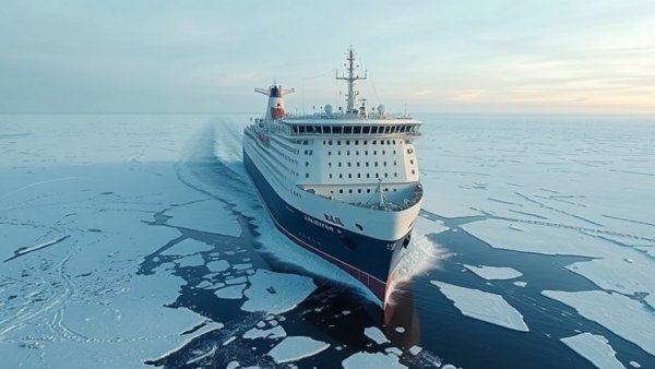 Large icebreaker navigates arctic ice for space-based initiative