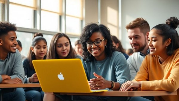 Students using repairable MacBook in sunlit classroom, learning.