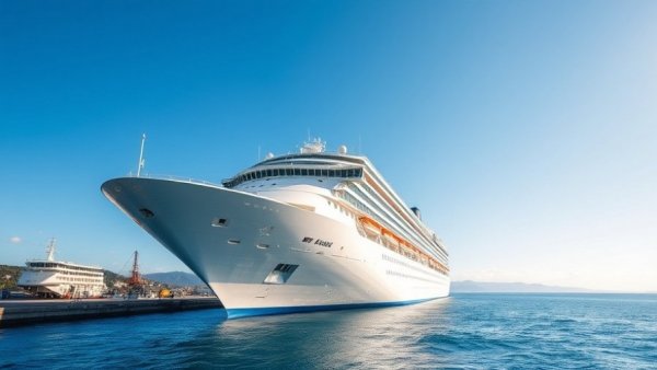 Cruise ship docked at sunny port, highlighting cruise operators' challenges.