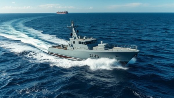 U.S. Navy vessel countering Iranian mines in open sea with distant ships.