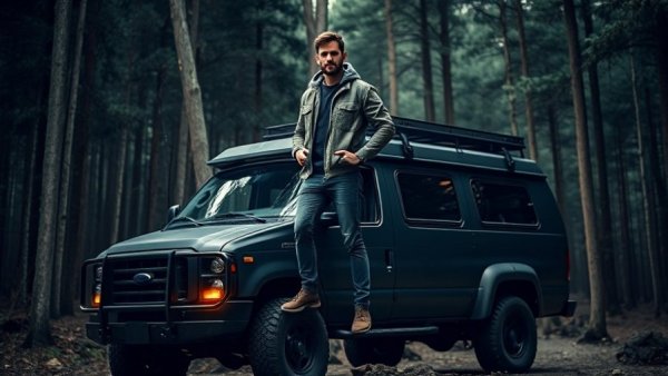 Confident man standing on black tactical van surrounded by forest, showcasing technology.