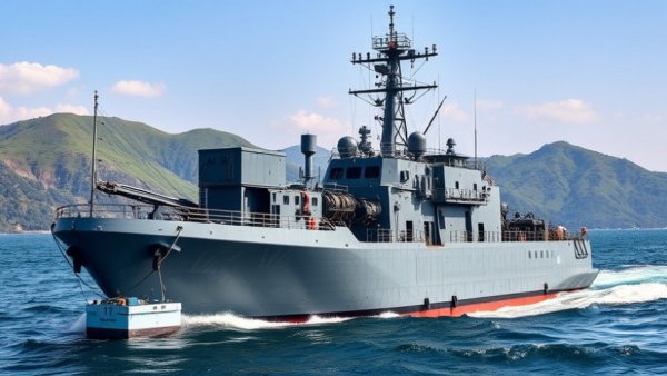 Australian mine countermeasures vessel with equipment in calm sea.