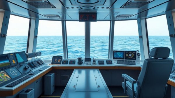 Advanced navigation systems on a ship's bridge overlooking the ocean