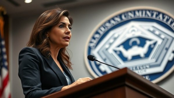 Confident woman at podium with Pentagon emblem background