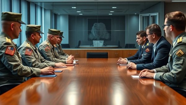 Military personnel and executive discussing Navy Acquisition System Reform in a conference room.