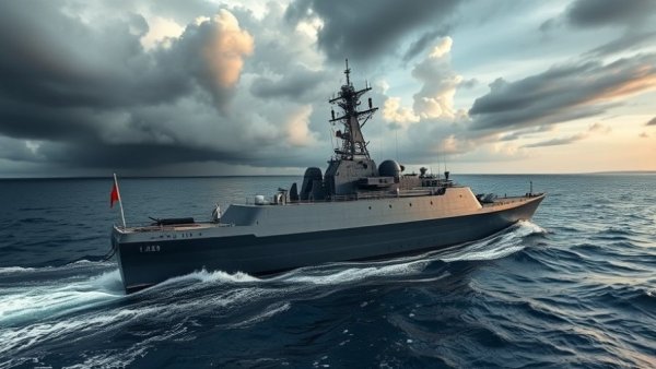 MEKO A-200 class frigate sailing under dramatic skies.