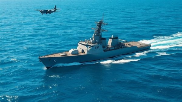 US Navy counter-mine ship and aircraft deployment in ocean near Singapore.