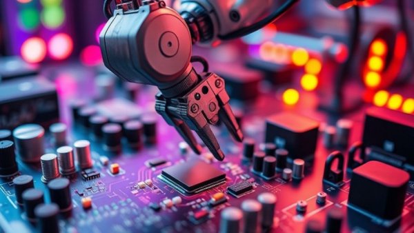 Quantum computing device in healthcare lab, vibrant circuit board.