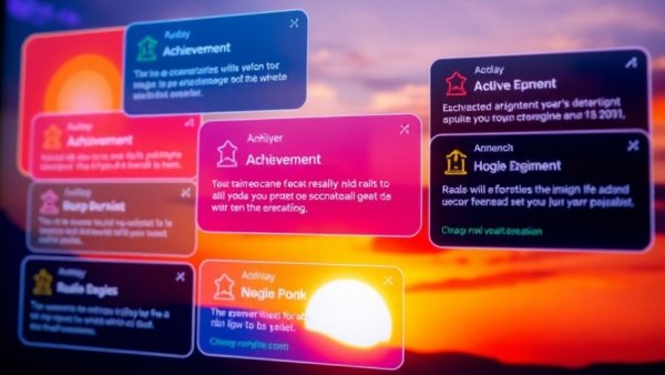 Achievement notifications with colorful graphics, daily accomplishments theme.