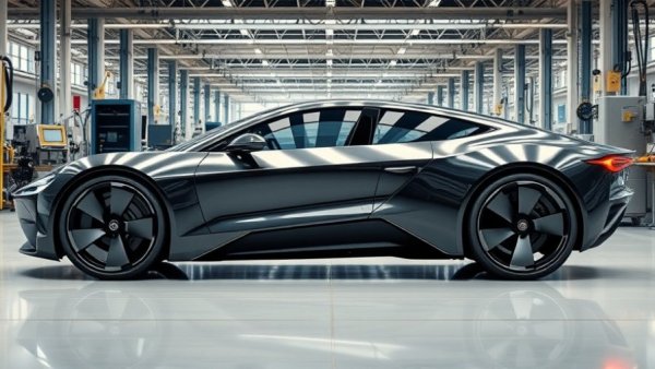 Futuristic electric car in a modern factory, symbolizing SEC investigation into Faraday Future.