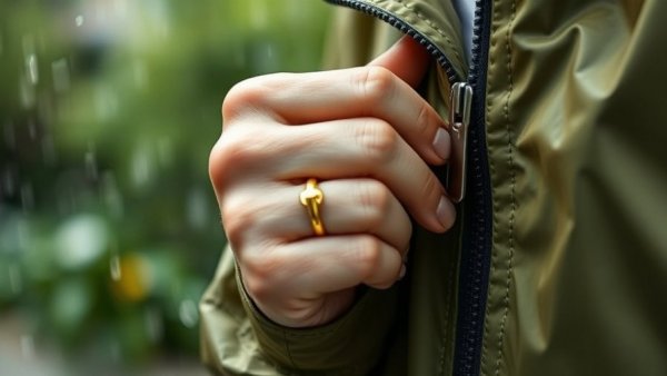 Hand with gold ring adjusting rain jacket, Ultrahuman U.S. Market Rebound.