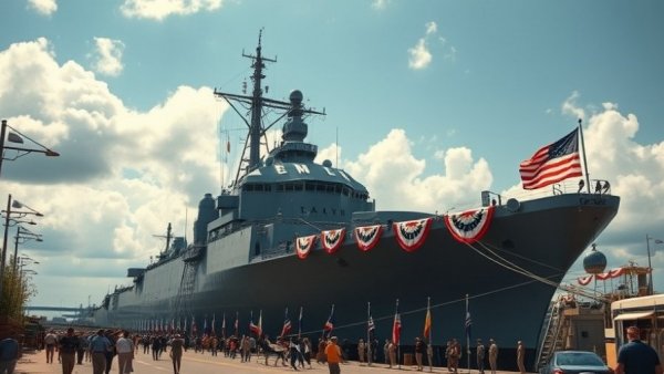 USS Gettysburg returns with flags and bunting in port under a clear sky.