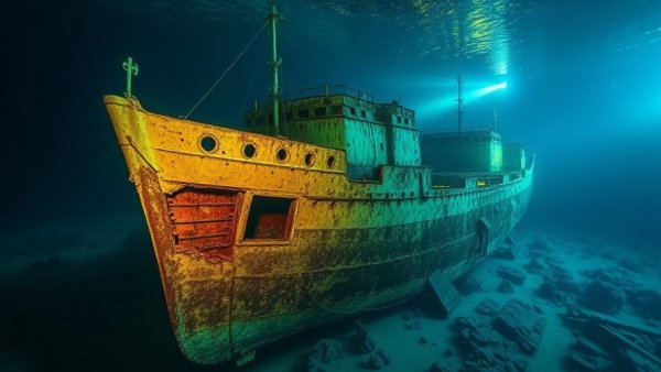 AUV scanning ship hull for inspection in deep ocean, 3D rendered.