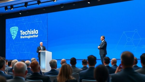 Corporate conference on AI and technology with two speakers on stage.