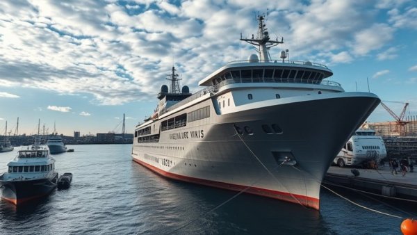 Modern offshore vessel in harbor with cityscape, sustainable design focus.