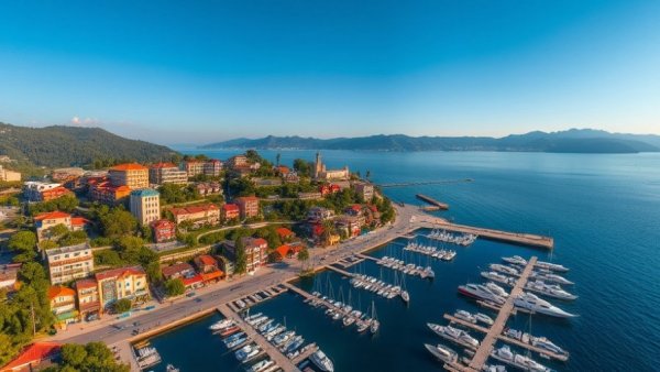 Picturesque coastal marina with boats and residential area.