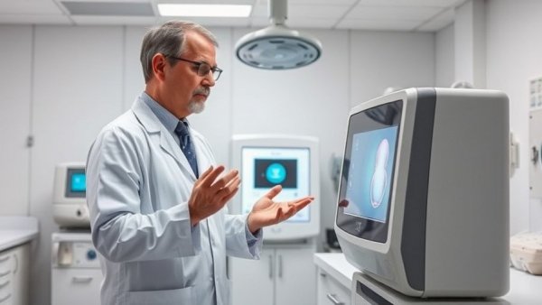 Scientist in lab with equipment demonstrating uterus kept alive outside the body.