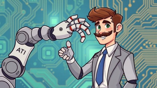 AI boss workplace dynamics depicted in cartoon style.