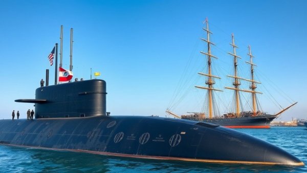 USS Massachusetts submarine commissioning with crew and historic ship.