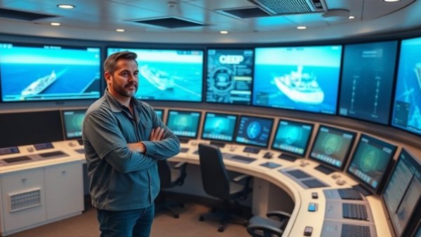 Man in maritime control room during simulator-based training for maritime operations.