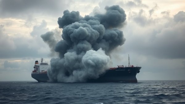 Drone strike on Kuwaiti oil tanker causing massive smoke over the sea.
