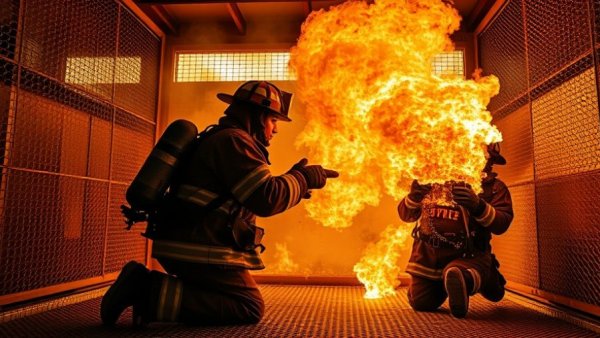 Firefighters in gear combating intense fire in a training simulator.