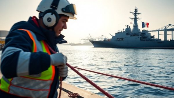 Dock worker securing ropes with France FDI frigate in the harbor.
