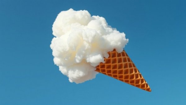 Surreal waffle cone and cloud against a blue sky, reflecting creative concepts.