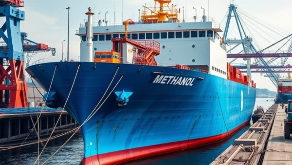 Industrial port with ship in regulatory-compliant methanol bunkering.