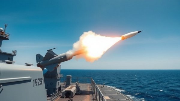 Tomahawk missile launch from naval ship under blue sky.