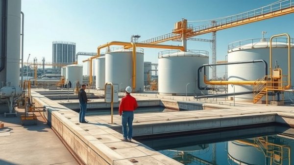 Workers inspecting desalination plant vulnerabilities near a water basin.