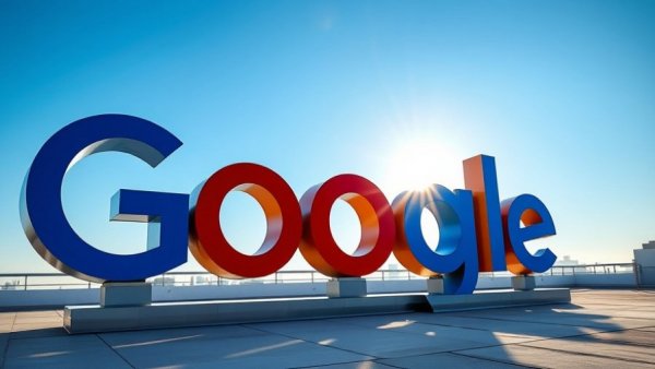 Google logo on rooftop with sun flare in clear sky