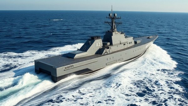 Modern naval warship cutting through the sea, Kongsberg Maritime Waterjets for Indian Navy.