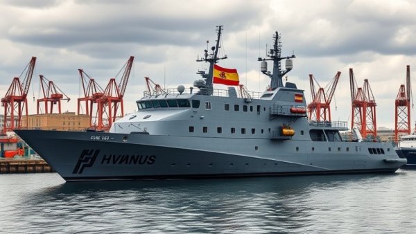 Spanish Navy Diver Support Vessel Prosperina docked in cloudy harbor.