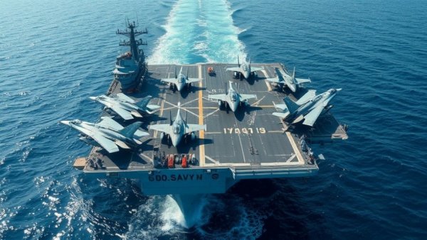 U.S. Navy aircraft carrier deck with jets taking off, emphasizing maritime power and allies.