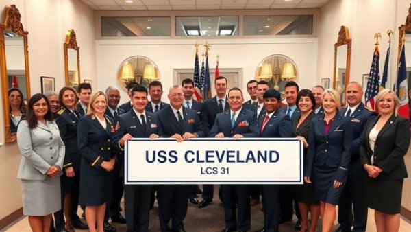 USS Cleveland commissioning event with military and civilians holding ship logo.