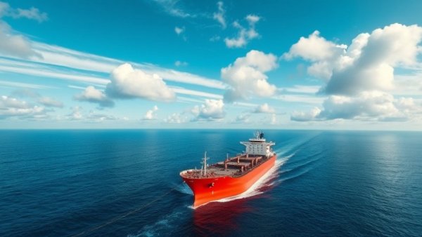 Aerial view of a China-linked tanker on blue ocean under cloudy sky.