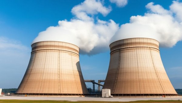 Cooling towers emitting steam under blue sky related to Amazon-backed X-energy IPO.
