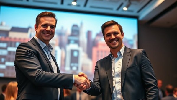 Two men at maritime event shaking hands, vibrant cityscape backdrop.