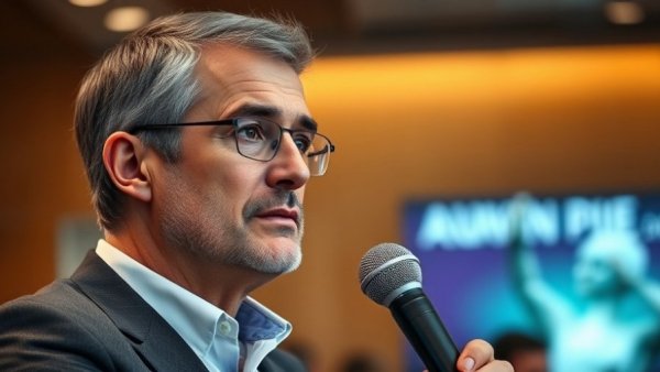 Middle-aged man discussing AI investments with microphone at conference.