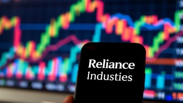 Reliance Industries logo on smartphone with financial graphs.