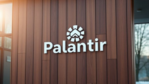 Palantir's logo on wooden facade, highlighting corporate branding