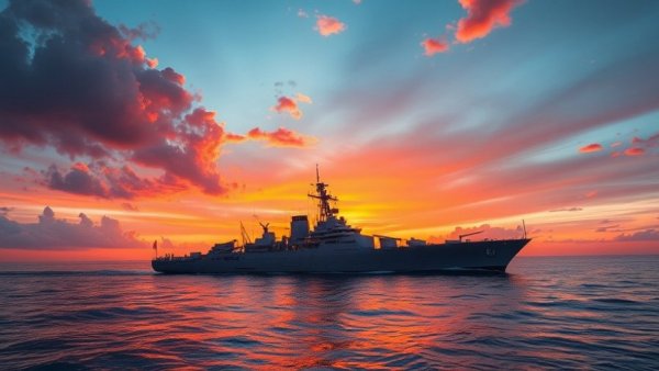 Mogami-class frigate sailing at sunset with vivid colors.