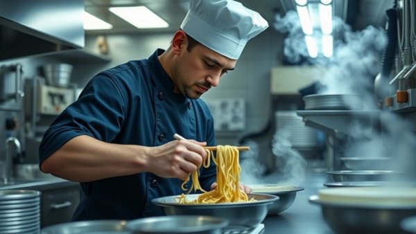 Navy chef prepares noodles showcasing Navy food service quality.