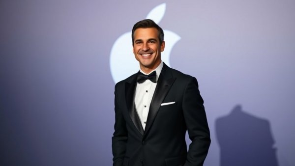 Man in a tuxedo at formal event, Apple branding background.