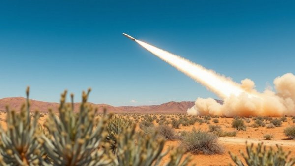 Hypersonic missile from MACE Program ascending in desert landscape.