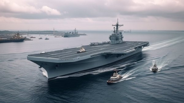 Massive aircraft carrier with tugboats, cost of future Ford-class carriers, in calm sea.