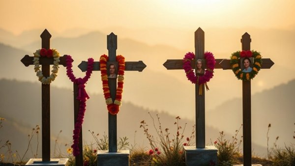 Memorial portraits with garlands set against a mountain landscape.